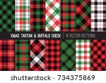 Christmas Tartan and Buffalo Check Plaid Vector Patterns. Hipster Lumberjack Flannel Shirt Fabric Textures. Green, Red, Black and White Xmas Backgrounds. Pattern Tile Swatches Included.