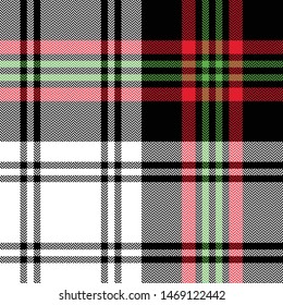Christmas tartan check plaid pattern. Seamless plaid in black, white, red, and green for modern textile design. Herringbone woven texture.