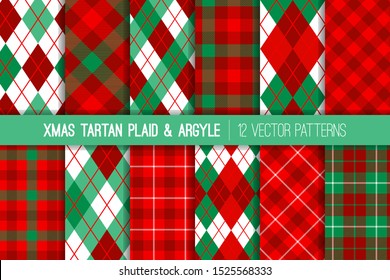 Christmas Tartan Plaid and Argyle Seamless Vector Patterns in Red, Mint and Green. Traditional Winter Holiday Backgrounds. Preppy Textile Fabric Textures. Vector Pattern Tile Swatches Included.