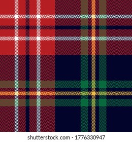 Christmas tartan plaid pattern in red, green, yellow, blue, white. Seamless herringbone check plaid for flannel shirt, blanket, throw, duvet cover, tablecloth, or other New Year textile print.