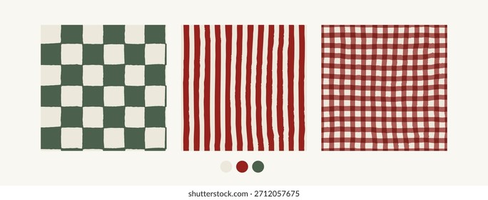 Christmas tartan seamless pattern set with cozy cottagecore aesthetic. Retro hand drawn charming cottage core gingham backgrounds collection. Vintage plaid pattern set, green and red wallpaper