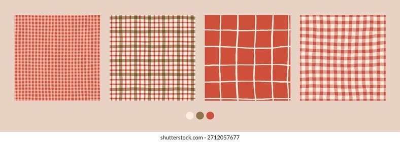 Christmas tartan seamless pattern set with cozy cottagecore aesthetic. Retro hand drawn charming cottage core gingham backgrounds collection. Vintage plaid pattern set, green and red wallpaper