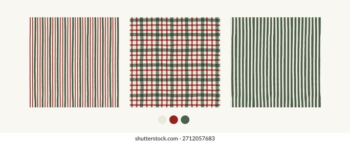 Christmas tartan seamless pattern set with cozy cottagecore aesthetic. Retro hand drawn charming cottage core gingham backgrounds collection. Vintage plaid pattern set, green and red wallpaper