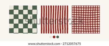 Christmas tartan seamless pattern set with cozy cottagecore aesthetic. Retro hand drawn charming cottage core gingham backgrounds collection. Vintage plaid pattern set, green and red wallpaper