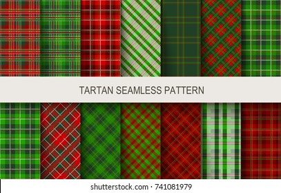 Christmas tartan seamless patterns in grin and red colors. Vector illustration