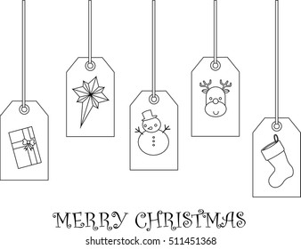 christmas tea bag, gift, star, snowman, reindeer and sock in outline graphic design