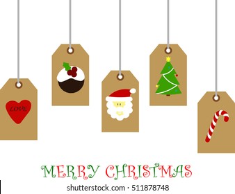 christmas tea bag, santa claus, love heart, walnut, tree and candy in outline graphic design