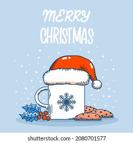 Christmas tea or coffee time with sweet chocolate chip cookies. Vector winter Chriistmas card with red Santa hat and holly berry on blue snow background with text