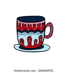 Christmas tea and cup with a popular pattern. Christmas decoration. For your design