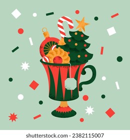 Christmas tea cup with tree and decorations. Holiday greeting card.