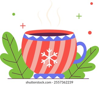 A Christmas tea cup vector shows a festive cup with holiday details like snowflakes, candy canes, or holly, ideal for seasonal cards, packaging, and designs.