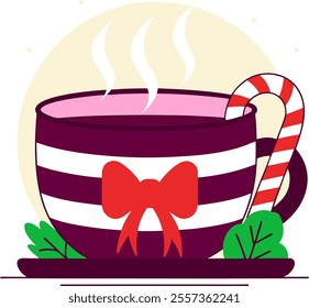 A Christmas tea cup vector shows a festive cup with holiday details like snowflakes, candy canes, or holly, ideal for seasonal cards, packaging, and designs.