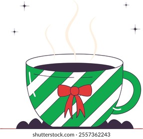 A Christmas tea cup vector shows a festive cup with holiday details like snowflakes, candy canes, or holly, ideal for seasonal cards, packaging, and designs.