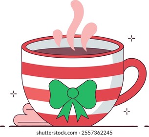 A Christmas tea cup vector shows a festive cup with holiday details like snowflakes, candy canes, or holly, ideal for seasonal cards, packaging, and designs.