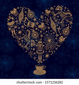 Christmas tea with the Nutcracker. Magic tea party. Cute vector illustration.