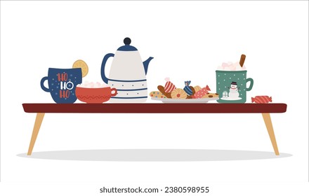 Christmas tea party. Teapot, mugs, hot drinks, sweets, cookies, table. Vector.