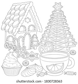 Christmas tea party Winter holiday illustration, Hot aromatic tea, candies, meringue, Christmas tree, caramel, cookies, Winter holiday illustration, Coloring page, black and white, line art