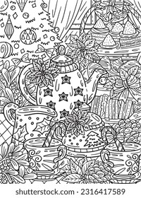 Christmas Tea Set Coloring Page for Adults