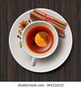 Christmas tea with spices, aromatic mulled wine, cup of tea, vector illustration. 