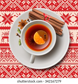 Christmas tea with spices, aromatic mulled wine, cup of tea, vector illustration.