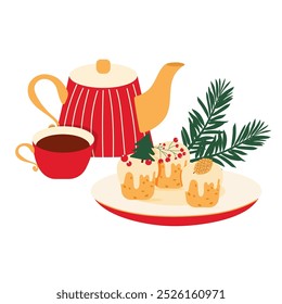 Christmas tea time. Hand drawn winter vector illustration with teapot, cup of tea, cupcakes with berries, fir tree. Isolated on white. 