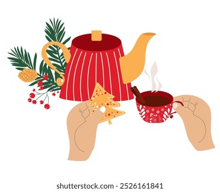 Christmas tea time. Hand drawn winter vector illustration with teapot and hands holding gingerbread and cup of hot tea. Isolated on white. 