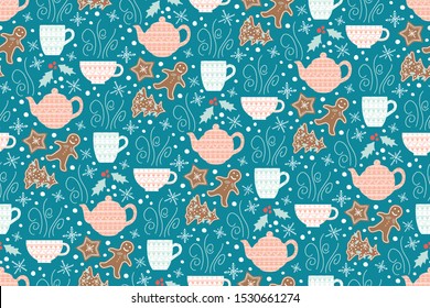 Christmas tea vector repeat seamless pattern. Blue and pink Tea set and gingerbread coockies.