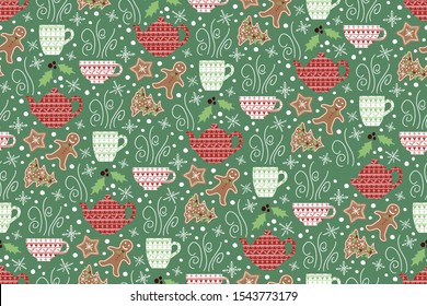 Christmas tea vector repeat seamless pattern. Green and red Tea set and gingerbread coockies.