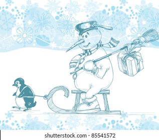 Christmas team, cute little penguin and snowman delivering gifts