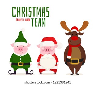 Christmas team. Pig dressed in santa claus and elf costume. Vector illustration.