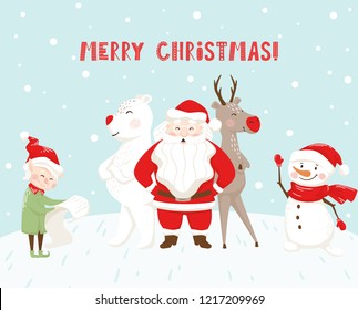 Christmas team. Santa Claus, reindeer, bear, snowman, elf scandinavian card. New year. Merry text slogan. Winter landscape vector illustration for party invitation, holiday poster design, sale banner