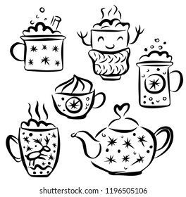 Christmas teapot and cup hot drink. Holiday Collection. Hand drawn style. Vector illustration. Merry Christmas. New Year.