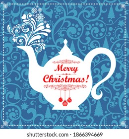 Christmas teapot with floral design elements. Christmas menu design. Menu for restaurant, cafe, bar, tea-house. Merry Christmas! Vector Illustration 