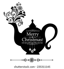 Christmas teapot with floral design elements. Christmas menu design. Vector Illustration 