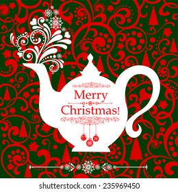 Christmas teapot with floral design elements. Christmas menu design. Vector Illustration 
