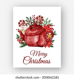 christmas teapot with flower poinsettia watercolor illustration