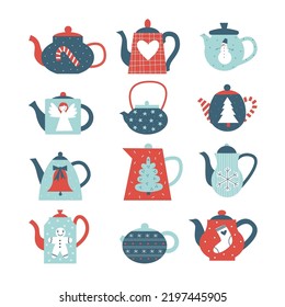 Christmas teapots with holiday symbols and elemnts vector flat illustration set. Xmas and New Year clipart. Minimalistic abstract scandinavian cozy winter concept.