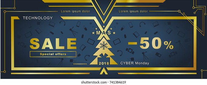 Christmas technology banner. Gold design elements on dark background. Computer goods. May use it for sale, cyber monday, special offer