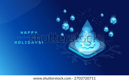 Christmas Technology Isometric Background - Digital Christmas tree connected to a platform and circuit board texture - Happy Holidays text on neon blue background. Vector