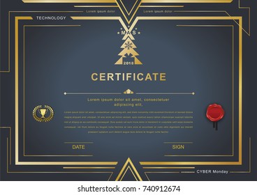 Christmas technology official certificate. Dark background with gold design elements and realistic wafer. May use it as background for Cyber Monday 