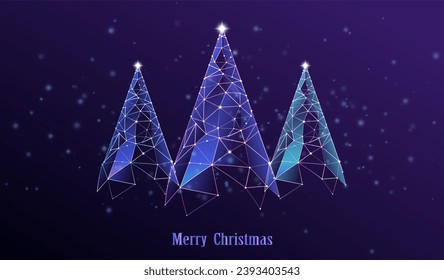 Christmas technology vector. Wireframe trees connect network digital electronic concept. Low poly futuristic holiday card science background.
