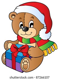 Christmas teddy bear and gift    vector illustration 