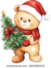 Christmas Teddy Bear Holding Tree vector illustration