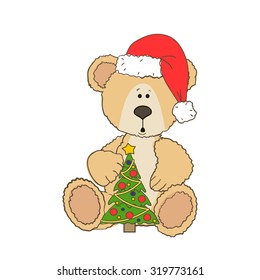 Christmas Teddy bear isolated on a white background with a christmas tree