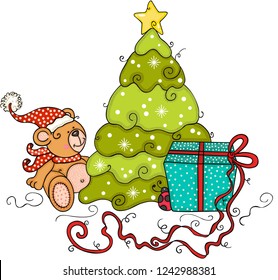 Christmas teddy bear with pine tree and blue gift

