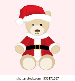 Christmas teddy bear in red Santa hat and jacket. Isolated vector illustration