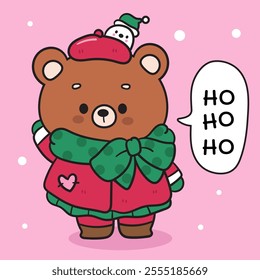 Christmas teddy bear Santa festive costume cute animals. Kawaii sticker. Series: ho ho ho xmas (whimsical characters). Happy new year greeting card. Holiday cartoon kids winter season. Flat 