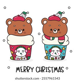 Christmas teddy bear Santa in snowmas sock cute animals. Kawaii sticker. Series: ho ho ho xmas (whimsical characters). Happy new year greeting card. Holiday cartoon kids winter season. Flat 