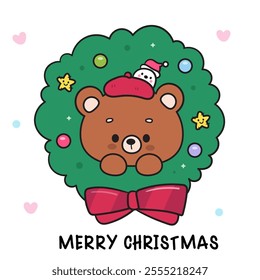 Christmas teddy bear Santa in wreath cute animals. Kawaii sticker. Series: ho ho ho xmas (whimsical characters). Happy new year greeting card. Holiday cartoon kids winter season. Flat illustration.