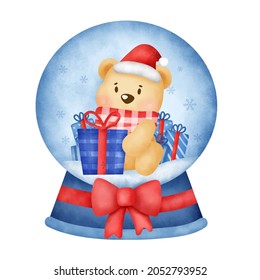 Christmas teddy bear snow globe in watercolor style for greeting card.